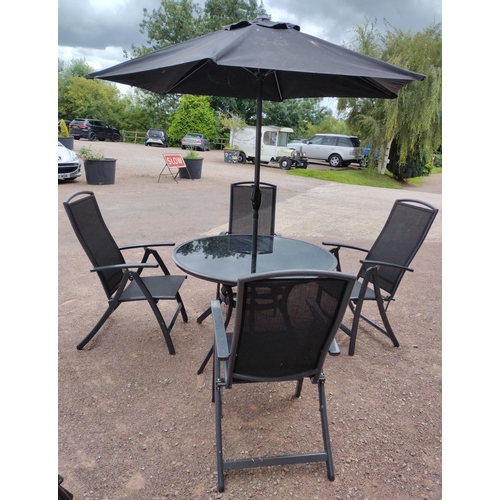 343 - 6-piece patio set comprising table, umbrella and 4 folding chairs. Collection only.