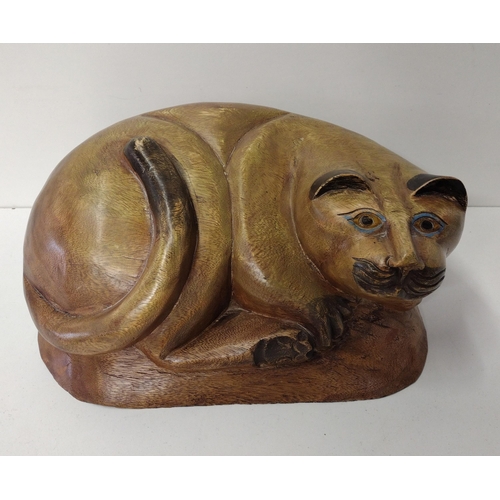 346 - Large, heavyweight carved wooden figure of a cat. Shipping Group (A).