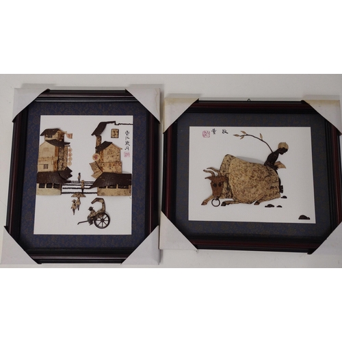 432 - 2 framed carved coconut artworks, 34hx29hcm. Collection only.