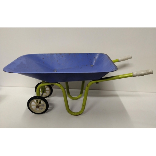 104 - Vintage child's toy wheelbarrow in blue and green factory finish. Collection only.