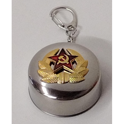 162 - Soviet Army stainless steel collapsible vodka cup on key chain. Shipping Group (A).