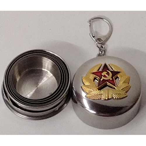 162 - Soviet Army stainless steel collapsible vodka cup on key chain. Shipping Group (A).