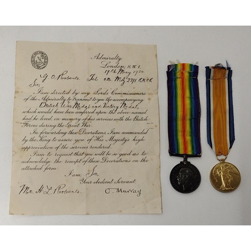 175 - WWI British War Medal and Victory Medal  awarded to Goronwy Owen Roberts, Telegraphist, Mersey Z/239... 