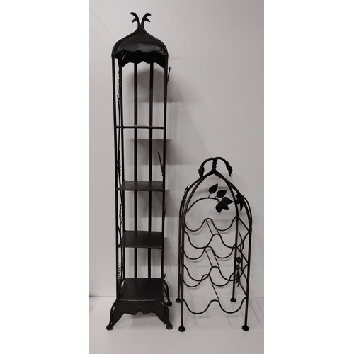 253 - (2) wrought iron storage racks, one being a 6-bottle wine rack. Tallest standing 108 cm. Collection ... 