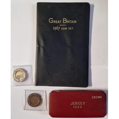 93 - Two Royal Mint Uncirculated Jersey Crowns 1966 and 1967 Great Britain Coin Set. 2 Medals; Tug of War... 