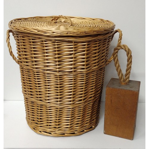 267 - Wicker linen basket and a wooden doorstop. Collection only.