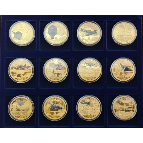 44 - Box Cased Set of 12 Gold Plated Proof Coins History of Aviation with COA Shipping Group (A).