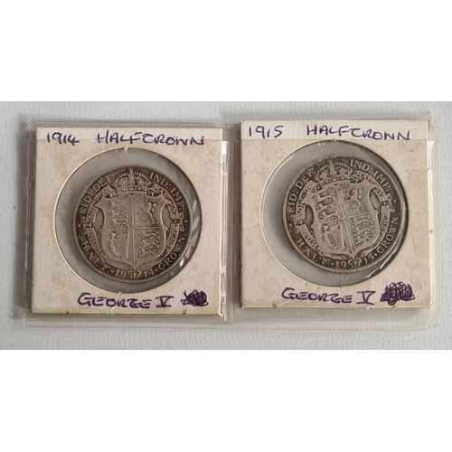 63 - Two George V 1914 & 1915 Silver Half Crowns . Shipping Group (A).