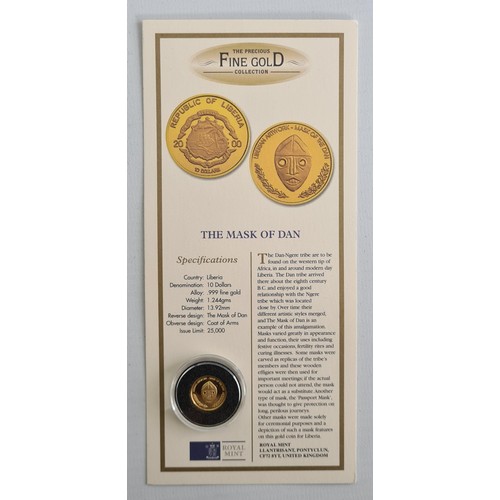 83 - Republic of Liberia Boxed 24ct 10 Dollar Coin. 1.244 g. Reverse: The Mask of Dan, Obverse:  Coat of ... 