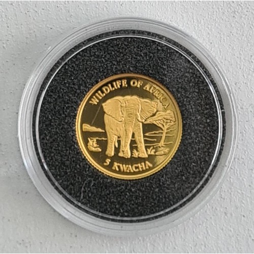 85 - MALAWI African Elephant Boxed 24ct 5 Kwacha Coin 1.244 g. Reverse: Image of the African Elephant Obv... 