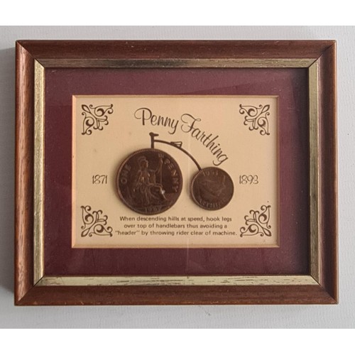 91 - Four Coins: Framed Penny Farthing with One Penny & One Farthing, VE Day Anniversary Medal,  2 19... 