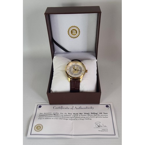 177 - The King's Shilling WWI 100 Years Commemorative Wrist Watch. Gold Plated Case, Genuine Leather Strap... 