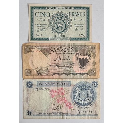 18 - 3 Bank Notes: 1970's Singapore 1 Dollar, 1960's Bahrain 100 Fils & 1942 Algeria 5 Francs. Shippi... 