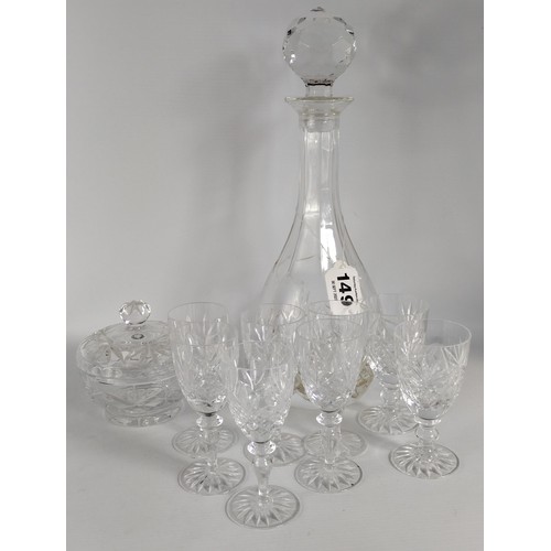 149 - Cut glass decanter and (8) glasses. Collection only.