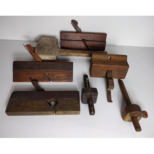 384 - Vintage hand tools including wooden mallet, plough and 3 moulding planes, 1 single and 1 double mark... 