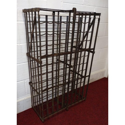 311 - Antique iron wine cage, H:77 x W:125 x D:37 cm.  Having lift-up hinged doors with locking brackets. ... 