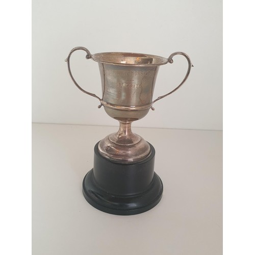 24 - Silver sauce boat and double handed trophy, hallmarks for Sheffield and Birmingham. Shipping Group (... 