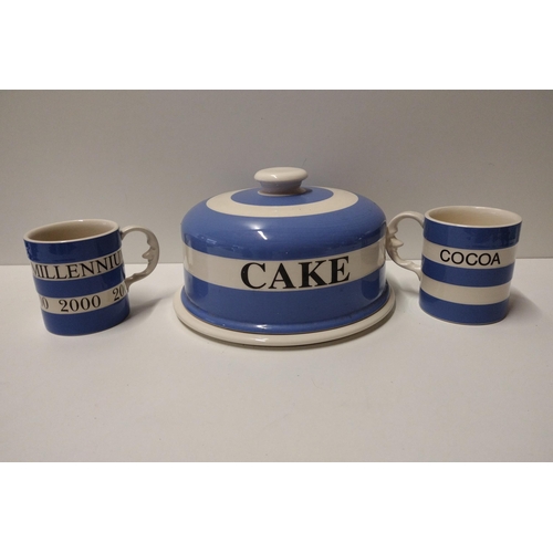 157 - (3) pieces of T.G Green Cornishware comprising; a large rare cake dome and plate, together with a mi... 