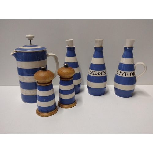 158 - (6) pieces of T.G Green Cornishware: Cafetiere, Vinaigrettes x3, Pepper / Salt mills x2. Collection ... 