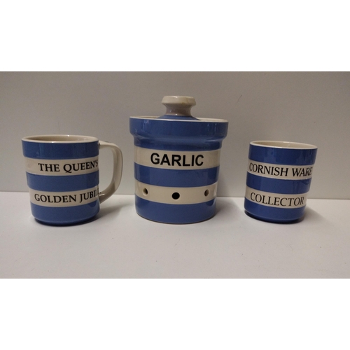 159 - (3) pieces of T.G Green Cornishware: Garlic pot, Collector's pot and Queens Golden Jubilee mug. Coll... 