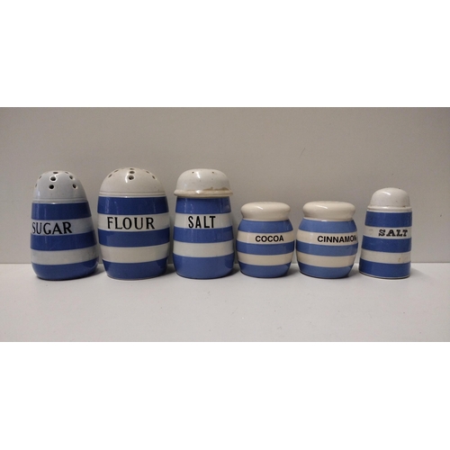 161 - (6) T.G Green Cornishware storage jars: Salt x2, Sugar, Flour, Cocoa, and Cinnamon. Collection only.