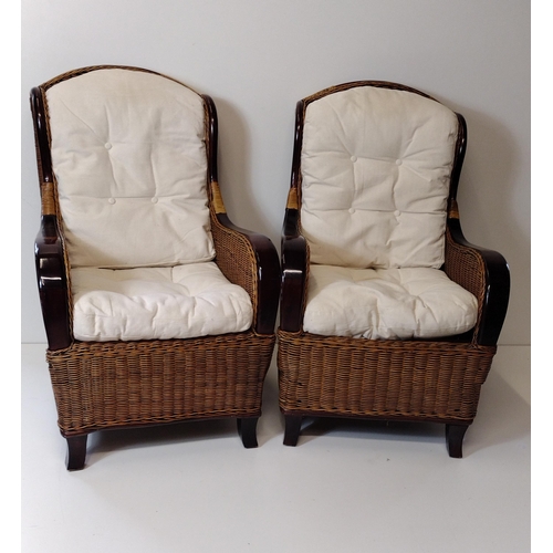 309 - Pair of wooden-frame and rattan armchairs with removable cushions. Collection only.