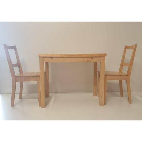 160 - Light Oak table and 2 chairs measuring H:75 x L:90 x D:50 cm. Collection only.