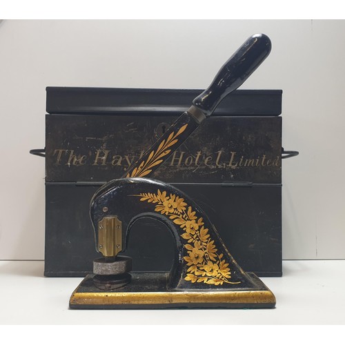 88 - An antique Shaw & Sons hand-operated company seal embossing machine in original box, having the ... 