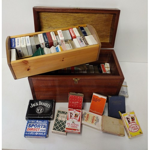 269 - Large wooden storage box with a quantity of playing cards. Collection only.