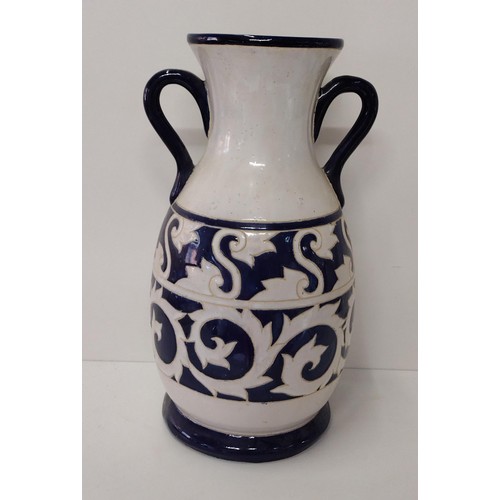 273 - Large twin-handled earthenware pottery amphora, blue and white glaze, standing approx 48cm. Collecti... 