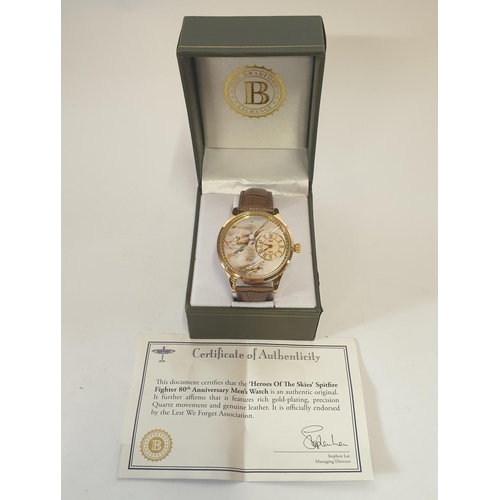 87C - A gold plated 'Hero's of the Skies' Spitfire Fighter 80th Anniversary wrist watch. Boxed with COA. S... 