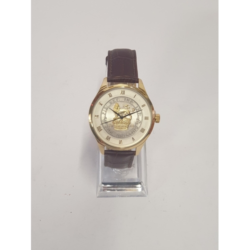 87H - First World War Kings Shilling 100 Years Commemorative Watch. Gold-plated with leather strap. Boxed ... 