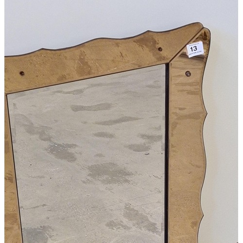 13 - Bevelled edge plate glass mirror in rose-tinted mirrored frame measuring 76 (h) x 59 (w) cm.