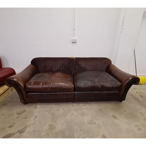 30 - Nicely aged scroll arm four-seater sofa. Upholstered in soft  chocolate brown leather. 45 ... 