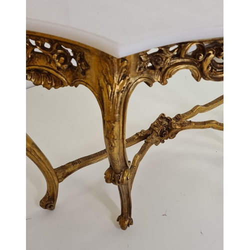 52 - Louis XV style demi lune table having white marble top raised on gilt frame. 82 (h) x 128 (w) cm.