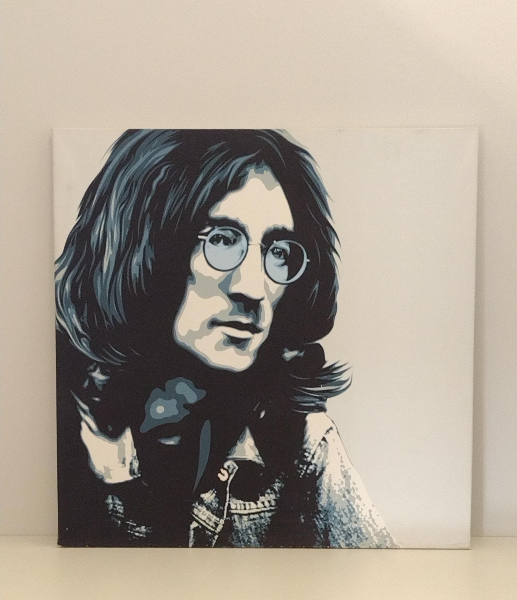 A large art print on canvas of John Lennon measuring 81 x 81 cm.