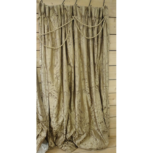 88 - Pair of pinch-pleated fully lined and insulated gold curtains, 250 (drop) x 250 (w).