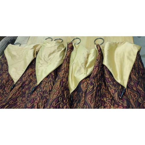 83 - Pair of fully lined red damask curtains with gold handkerchief valance, 250 (drop) x 190 (w).