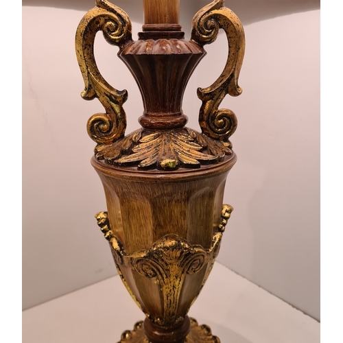 114 - Pair of ornate table lamps with shades, overall height 78 cm.