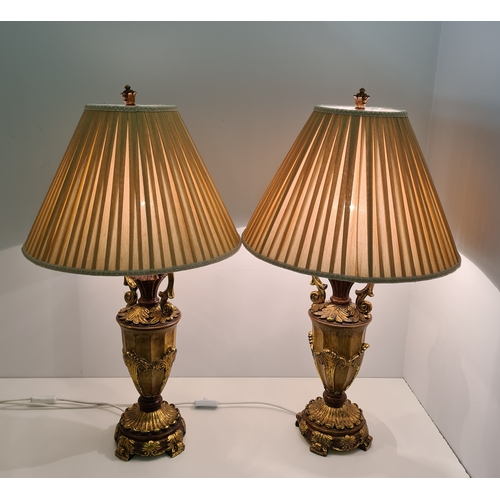 114 - Pair of ornate table lamps with shades, overall height 78 cm.