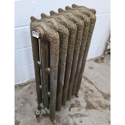 173 - A Rococo style, 2 column, 6 section cast iron radiator in antiqued finish. Standing 95 (h) x 53 (w) ... 