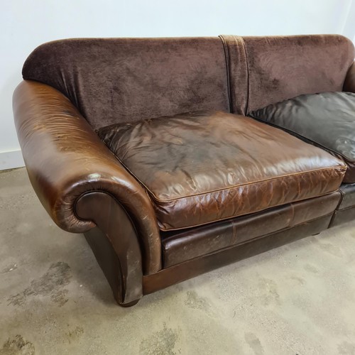 31 - Nicely aged scroll arm four-seater sofa. Upholstered in soft  chocolate brown leather. 45 (floor to ... 