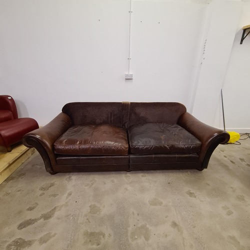 31 - Nicely aged scroll arm four-seater sofa. Upholstered in soft  chocolate brown leather. 45 (floor to ... 