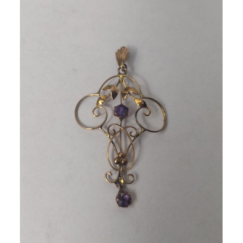 304 - Art Nouveau 9ct gold and amethyst pendant with a small chain link 'albert' Shipping Group (A).