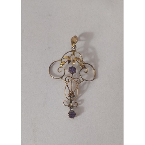 304 - Art Nouveau 9ct gold and amethyst pendant with a small chain link 'albert' Shipping Group (A).