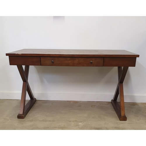 22 - A good hall table, having single draw and x-form supports. 76 x 137 x 60 cm.