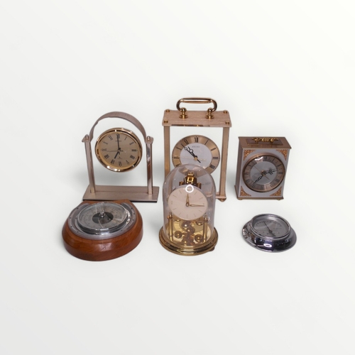 111 - Four 20th century mantel clocks, a barometer and a thermometer.