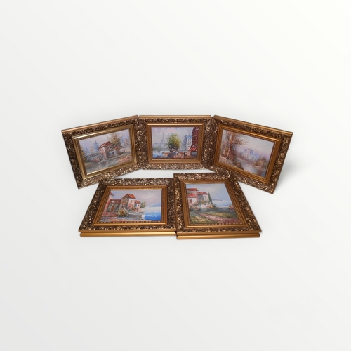 130 - Five modern oils on canvas continental scenes to include Paris 19 x 24cm variously signed in moulded... 