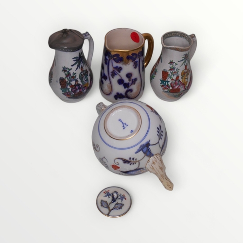 139 - Continental porcelain 'Bullet' tea pot with blue crossed swords mark together with three Victorian p... 