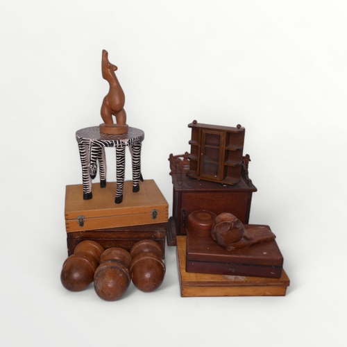 167 - Varied wooden items to include boxes, finials and a painted 'zebra' stool. 21cm high.